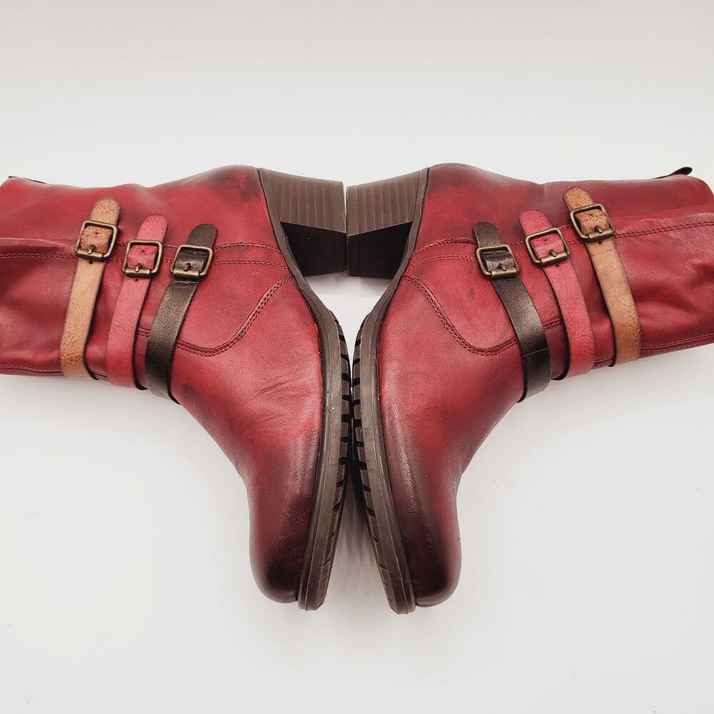 Remonte Red Leather Burnished Toe Tri-Colored Straps 2" Heel Artistic Boot Sz 37 - Picture 9 of 14